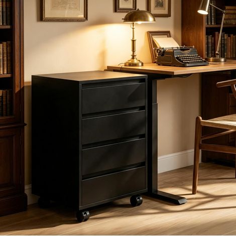 Caisson de bureau mobile 46x40x65 cm en MDF noir, 4 tiroirs gain de place pour bureau – MEUBLIV (1/5)