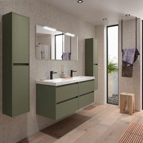 Meubles de salle de bains NOJA 1400 4 tiroirs GREEN SATIN + Plan vasque + Miroir (1/2)