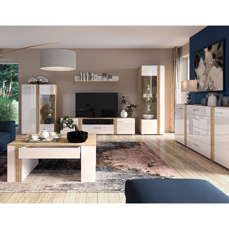Wohnwand-Set in Eiche Nb. AKRON-131 modern mit Fronten in Hochglanz weiß 6-teilig inkl. Couchtisch und Sideboard (1/5)