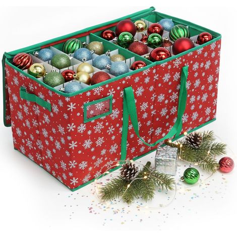 Relaxdays Weihnachtskugel Aufbewahrungsbox, 128 Kugeln, HxBxT: 33 x 66 x 33 cm, Schneeflocken, Vlies, Pappe, rot/grün (1/5)