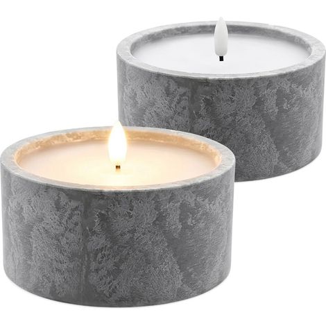 LED Outdoor Kerze in Beton Optik 12 x 6 cm mit Timer batteriebetrieben - 2er Set - Künstliche Tischkerze warm weiß für Außen und Innen mit Flammeneffekt