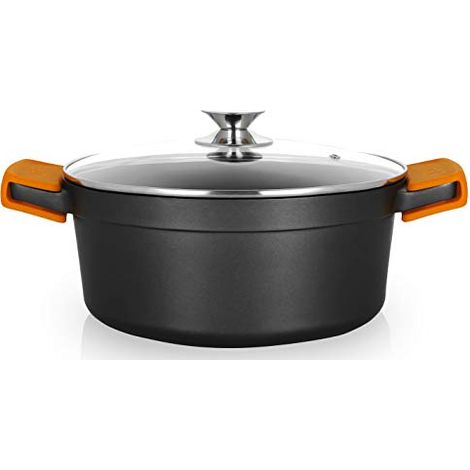Orbegozo CDH 3028 Pentola profonda in alluminio fuso, 6,7 L, superficie antiaderente senza PFOA, coperchio in vetro temperato, manici in silicone de (1/4)