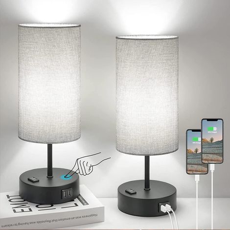 Graue Nachttischlampe für Schlafzimmer-Nachttisch - Kleine Tischlampe mit USB-A+C-Ladeanschluss