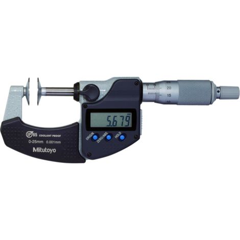 Mitutoyo Digitale Bügelmessschraube IP65 für Zahnweitenmessungen, 0-25 mm, Scheibe=20 mm (1/4)