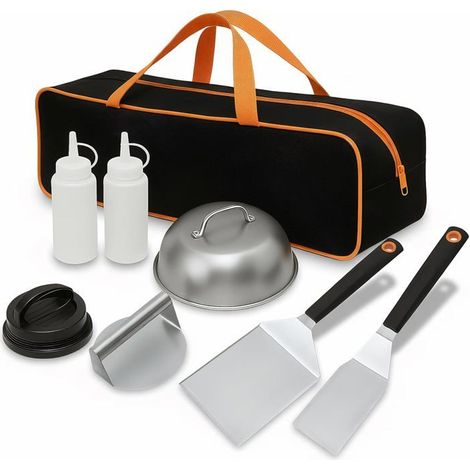 Set Plancha 8 Pièces Inox Professionnel, Spatules BBQ Pour Teppanyaki Et Camping