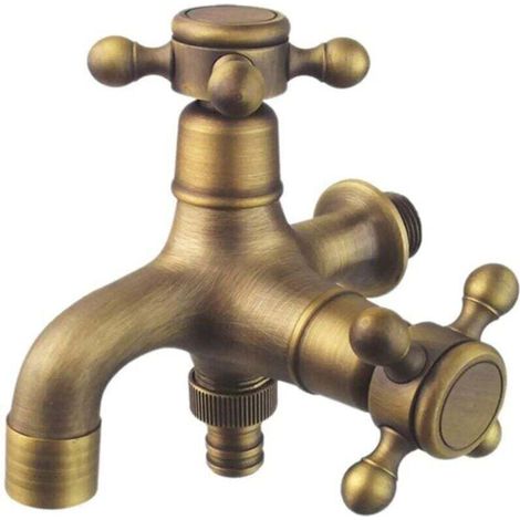 Rubinetto da giardino a doppio scarico in stile antico, rubinetto da giardino a doppia sfera, rubinetto da giardino con asta, rubinetto con rondella in ottone da 1/2". (1/4)