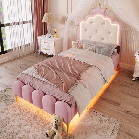 Lit enfant rembourré 90x200 cm rose style princesse, tête de lit couronne, LED d’ambiance avec télécommande, pieds métal, sommier à lattes inclus, sans matelas (1/5)