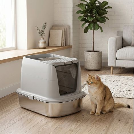 Katzentoilette 52,4 x 41,3 x 39,8 cm, Edelstahl, hellgrau, geruchshemmend – MEUBLIV (1/5)