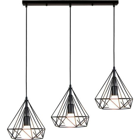 E27 Lustre Suspension Vintage Plafonnier Luminaire Intérieur Lampe de Suspension Forme Diamant Métal 3 Lampes - Noir