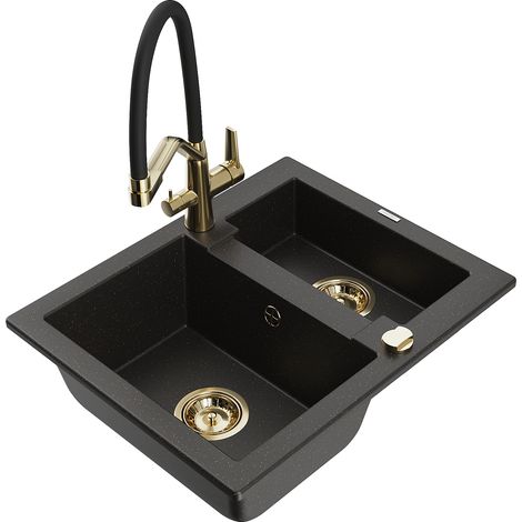 Mexen Carlos 1,5-Becken-Granitspüle mit Mischbatterie Duo, Schwarz/Gold metallisch - 6518-75-671701-