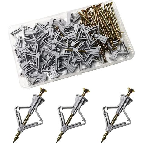 Lot de 50 chevilles pour plaques de plâtre avec vis, chevilles murales légères, grises (1/4)