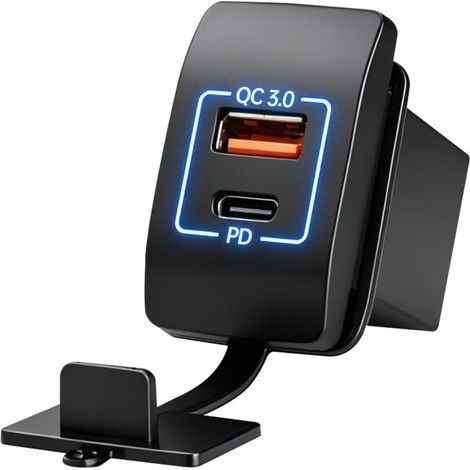 Chargeur de voiture double port PD30W USB-C et 18W USB rapide avec couvercle étanche pour voitures, camions, motos, bateaux, alimentation électrique