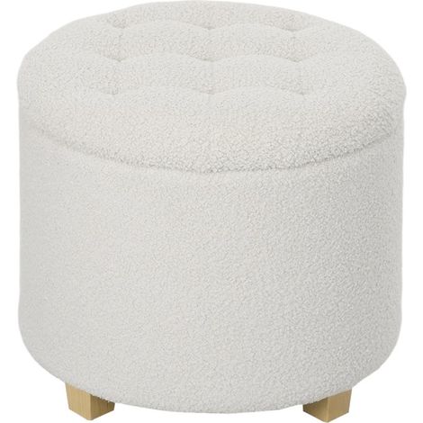 Pouf rond de rangement blanc avec couvercle et pieds en bois, pratique pour ranger vos objets du quotidien. (1/5)