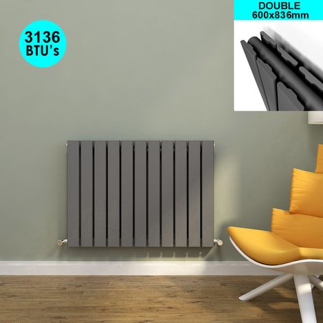 ELEGANT 600 x 836 mm Anthracite Column Radiator Horizontal Flat Panel Designer Radiator Double Column with Angled Radiator Valves