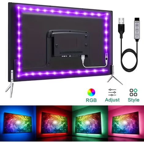 Ruban LED TV 3 m, Bande Lumineuse LED Rétroéclairage TV 40-65 in, 5050 RGB USB avec Télécommande, DIY, Rythme de Musique Contrôlé (1/5)