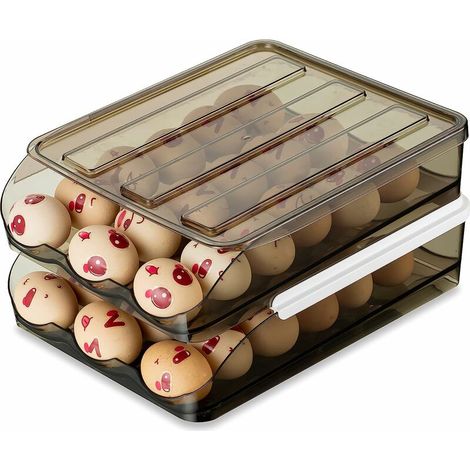 royaluxe - Boite a Oeuf avec Couvercle, 2 Niveaux Automatique à Roulettes De RéFrigéRateur Rangement Oeuf Frigo Empilable Organisateur 18 œUfs Panier Conteneurs De Rangement De Cuisine, Gris Transpare (1/5)