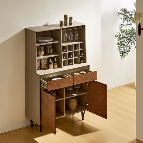 Wine Cabinet with Wine Rack, 7-Tier Bar Cabinet with 2 Drawers & Glass Holders, Industrial Kitchen Buffet Sideboard for Dining Room Brown (1/5)