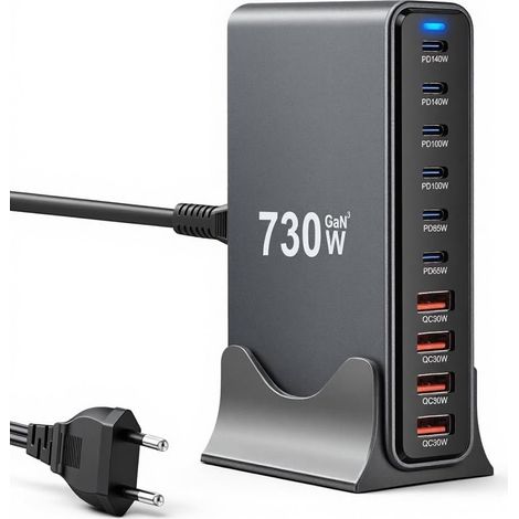 730-W-USB-C-Ladegerät, Gan III 10-Port-Ladestation, 140-W-Schnellladegerät-Netzteil für Laptops, PD-Netzteil, kompatibel mit iPhone/Samsung/Google/Laptop/MacBook Pro/Air/Dell