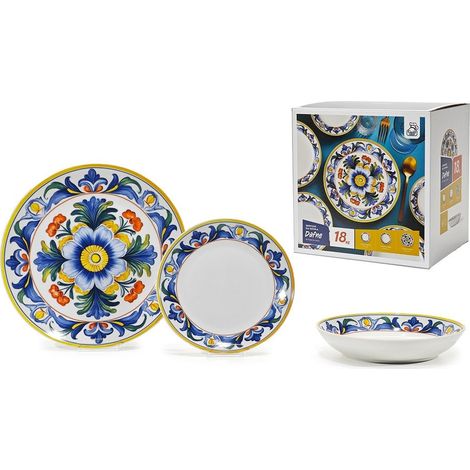 TRADE SHOP - Set Servizio Di Piatti In Porcellana 18 Pz Decorazione A Fiore Classica Maiolica Da Tavola -