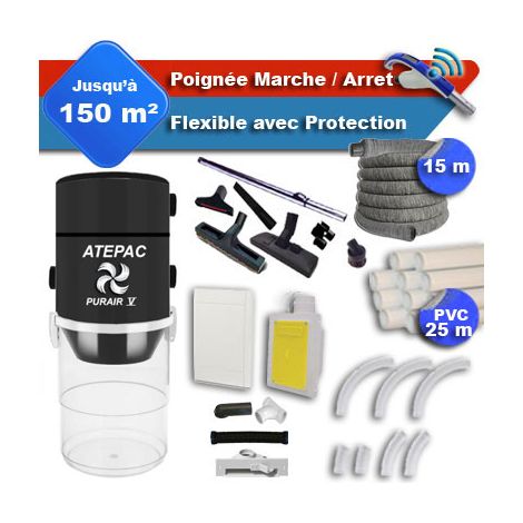 Aspirateur central PURAIR V garantie 5 ans + flexible rétractable 15 m avec housse de protection + poignée marche/arrêt + 7 accessoires + kit 1 prise RETRAFLEX + kit prise balai (rayon d'action 150 m2 (1/5)