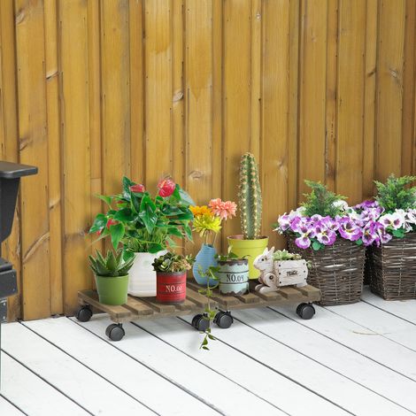 Lot 2 plateformes Bois 50 kg roues supports plantes pots charge int/ext brun foncé