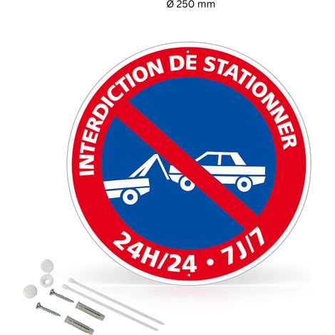 Interdiction de stationner 24h/24 7j/7 mise en fourrière panneau rond en aluminium prépercé avec kit de fixation complet - Diamètre 250 mm
