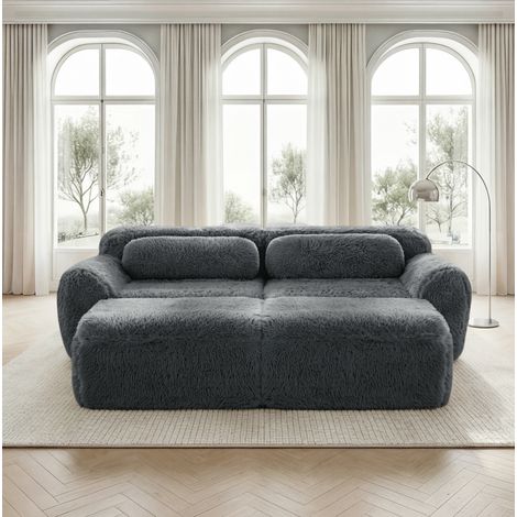 Divano modulare 2 posti con 2 pouf in tessuto plush OKMYHOME (1/5)
