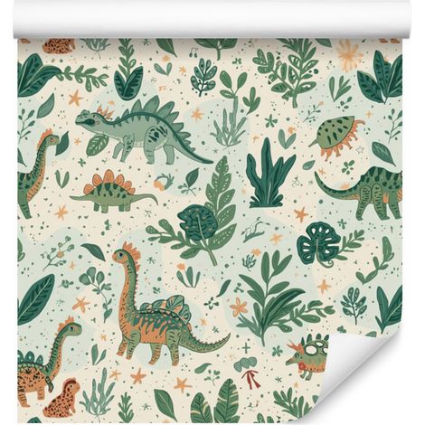 Papier peint dinosaures gris clair et vert pour salon et chambre 50x1000 cm (1/5)