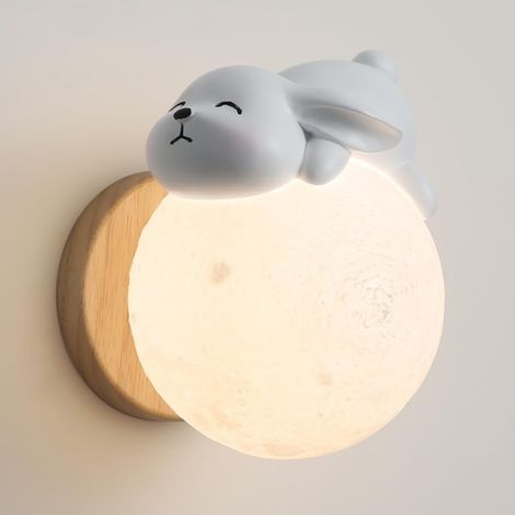 Applique Lune Applique Murale Lapin en Résine Blanche Applique Murale Moderne en Bois avec Abat-Jour Globe PLA, Appliques Murales Lapin Mignon Nordique Chambre d'enfant Luminaire Mural en Bois