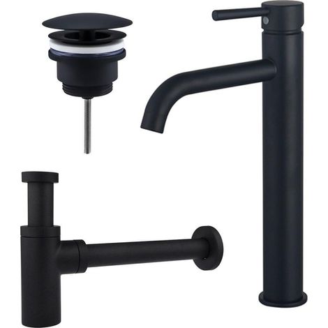 Fortifura Calvi Kit mitigeur lavabo - robinet rehaussé - bonde nonobturable - siphon design - Noir mat