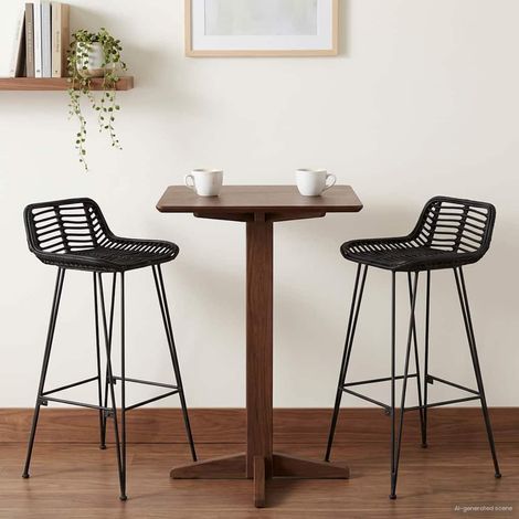 Lot de 2 tabourets de bar noirs en rotin et acier avec repose-pieds, 44 x 46 x 91 cm - PANGIVO (1/4)
