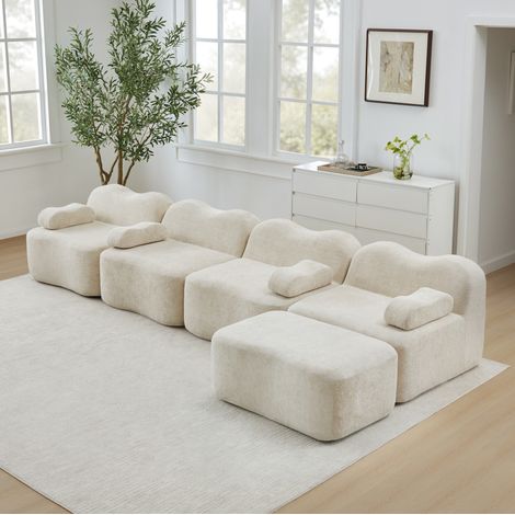 Canapé de esquina modular 4 plazas en terciopelo beige, forma en L con otomana, sin estructura y espuma 32D (1/5)