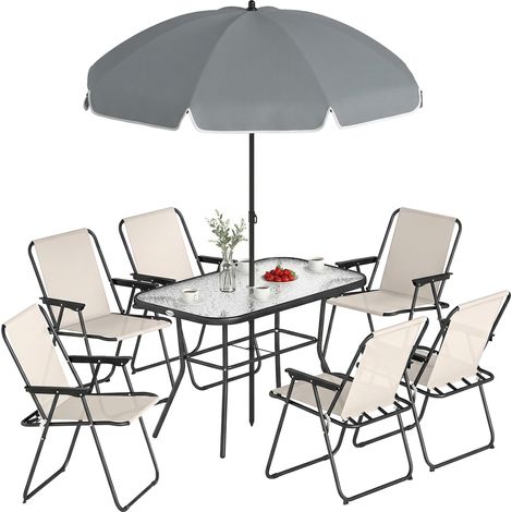 Outsunny 8 Piece Garden Dining Set with 6 Folding Chairs and Umbrella, Cream