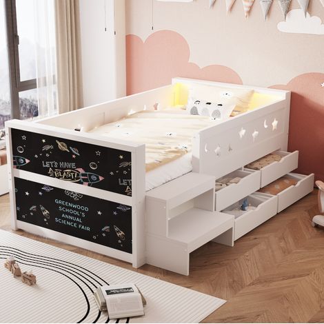 Letto per bambini 90 x 200 cm bianco con sponde, lavagna, 4 cassetti, gradino e luce LED OKWISH (1/5)