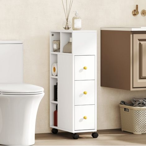 Mobiletto bagno stretto su ruote, 3 cassetti, 5 vani, bianco HAVRYA (1/4)