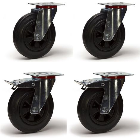 Ruedas y rodillos 2Gt – Juego de 4 rodillos giratorios con frenos de goma negra, 100 mm – Capacidad de carga 210 kg – Para suelos irregulares – Placa de montaje 105x80 mm (1/3)