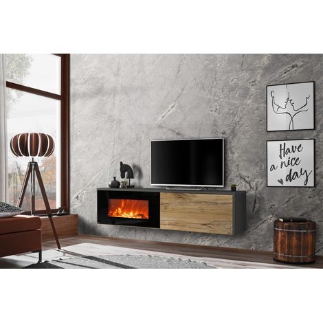 Ensemble de 2 meubles muraux "Dallas" + cheminée électrique - Gris/Beige - L 180 x H 180 x P 40 cm - Livraison gratuite (1/3)
