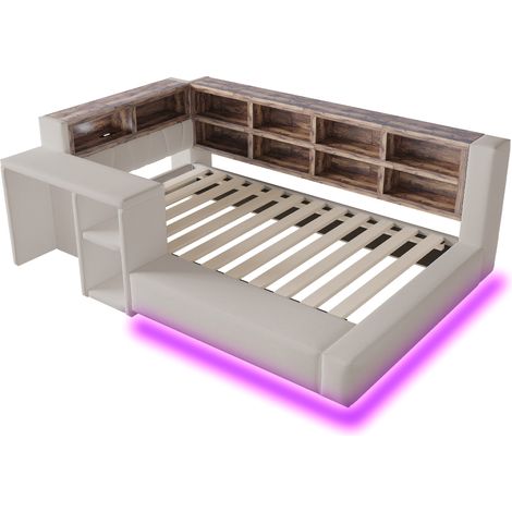 Cama tapizada 90 x 200 cm con almacenaje, LED, enchufes y mesa auxiliar, gris claro (1/5)