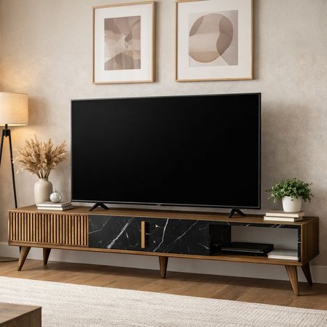 Dmora - Fernsehschrank Kepler, Ständer für Wohnzimmerfernseher, Niedriges Wohnzimmer-Sideboard, TV-Ständerbasis, 180x35 h40 cm, Walnuss und Schwarz (1/5)
