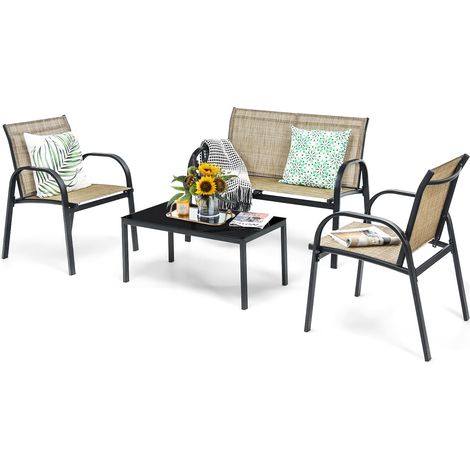 COSTWAY 4-Piece Patio Furniture Set with 2 Chairs & Glass Coffee Table-Brown (1/5)