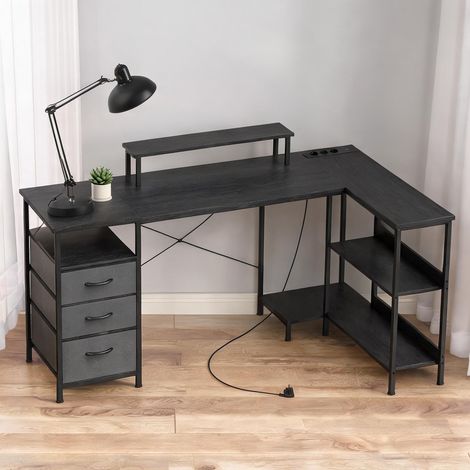 Bureau d'angle réversible avec rangements et prises 170 cm noir (1/5)
