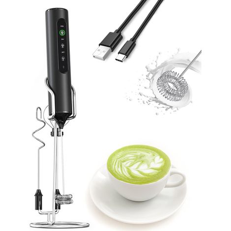 Turbine à Lait Électrique 3 en 1 avec Support - Mousseur à Main Rechargeable à Affichage LED et 3 Vitesses, pour Café, Latte, Cappuccino, Matcha, Shakes Protéinés et Pâtisserie (1/5)