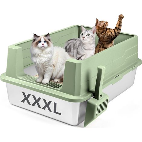 Stainless Steel Cat Litter Tray, Cat Litter Tray Tall XXXL Metal with Scoop, Waterproof, Easy to Clean, for Large Cats/Multiple Cats (Light Green) (1/5)