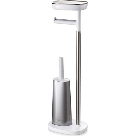 Porte Rouleau de Papier Toilette sur Pied et Brosse Toilette WC, avec étagère de téléphone et Compartiment pour Articles sanitaires, Acier Inoxydable (1/5)