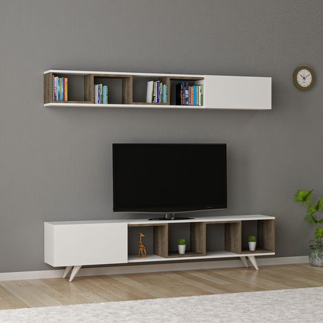 Conjunto mueble TV DORUK blanco y nogal 180 cm (1/5)
