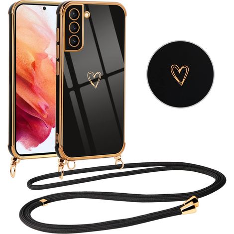Coque pour Samsung Galaxy S21 5G avec Cordon de Collier, Galvanisé Etui Housse avec Motif Coeur d'amour, Antichoc Anti-Rayures Case avec Bandoulière pour Samsung S21 5G 6.2", Nior (1/5)
