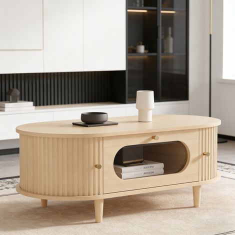 Mesa baja 100 x 50 x 36 cm decoración roble, con 1 cajón vidriado y 2 puertas de tambor, mueble de salón en MDF (1/5)