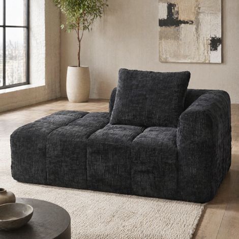 Chaise longue 158x90x60 cm in tessuto ciniglia nero con contenitore FloraGrace (1/5)