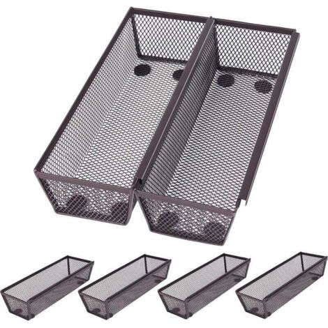 Juego de 6 cestas de almacenamiento de cocina de malla color bronce, cestas de almacenamiento de metal entrelazadas, goma antideslizante, cajón de cocina expandible para utensilios y cubiertos.