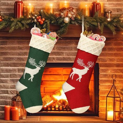 Chaussettes de Noël à Suspendre Lot de 2, Grandes Chaussette de Noel à Tricoter Personnalisé Rouge Vert, Chaussette de Noel a Suspendre Personnalisée pour Décoration Sapin de Noel Cheminée (1/5)